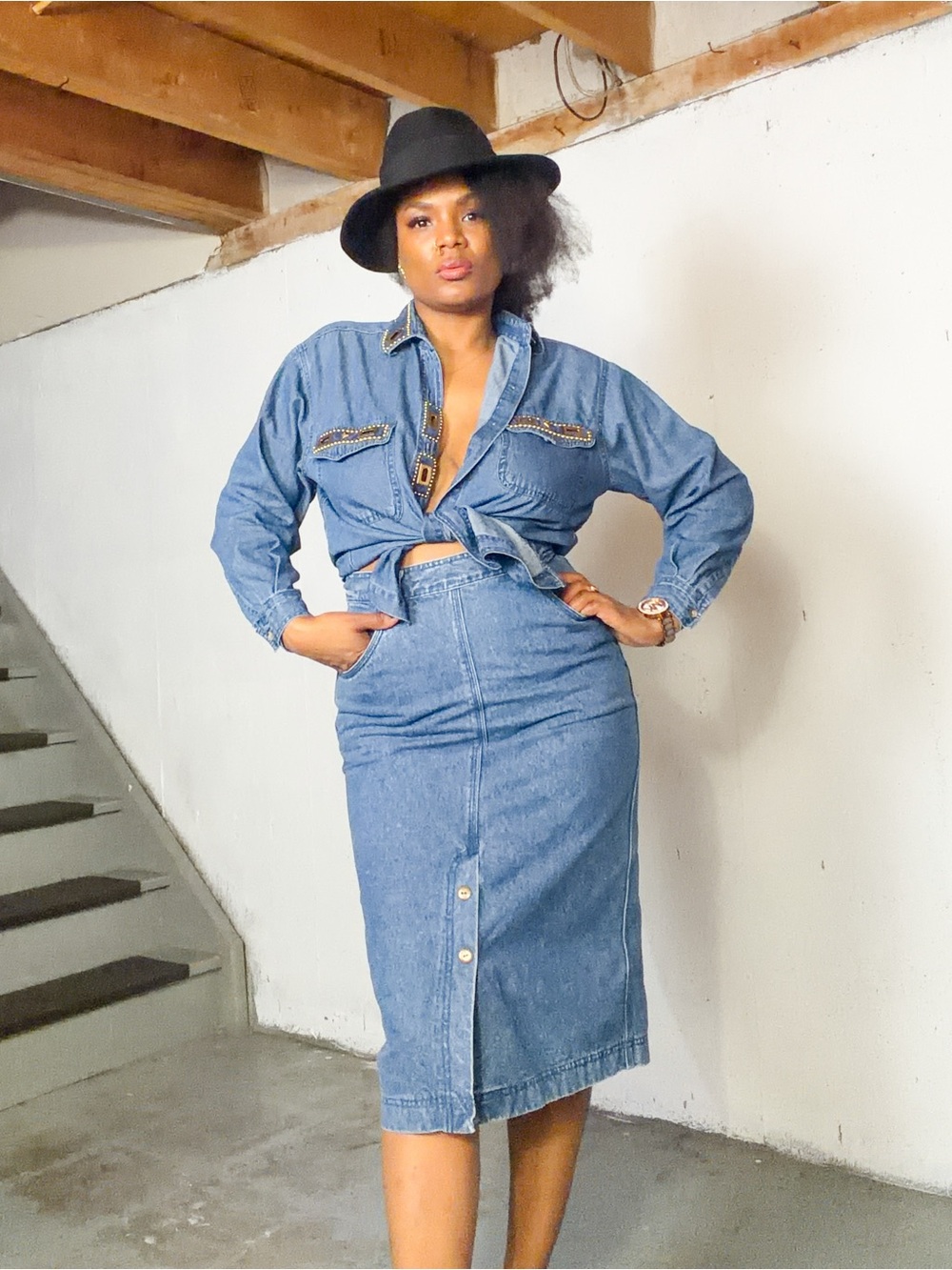 Vintage Cotton Jean Pencil Midi Skirt, S - Picture 3 of 16